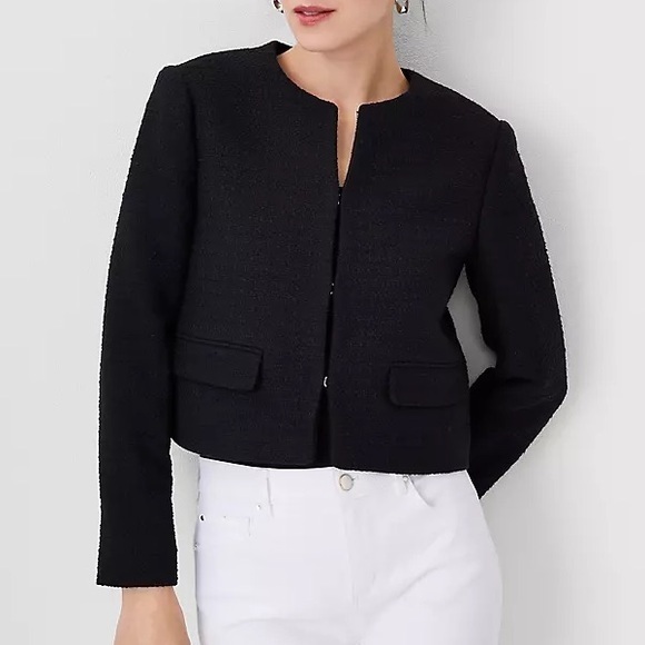 Ann Taylor Petite Black Tweed Cotton Cropped Crew Neck Blazer Suit Jacket - Picture 10 of 12